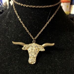 Crystal & Gold Bull Head Pendant Necklace